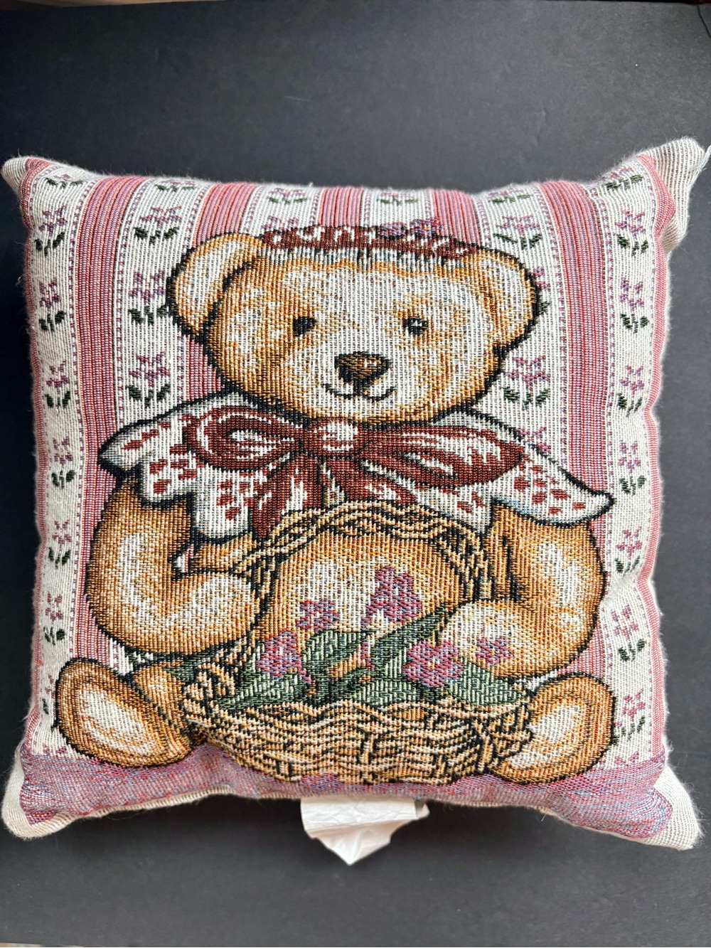 VINTAGE tapestry Throw Pillow With Teddy Bear- Cottagecore Grandma Style